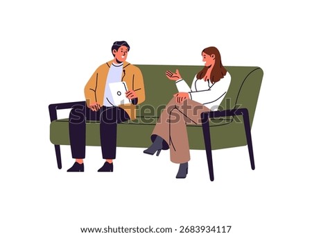 People sit on coach, communicate together. Host discusses, talks to woman on sofa. Journalist takes guest interview in studio. Employees converse. Flat isolated vector illustration on white background