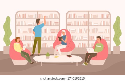 People sit on comfy armchairs with book, tablet and laptop vector flat illustration. Man and woman reading and working at public library isolated on white background. Shelves and racks with books