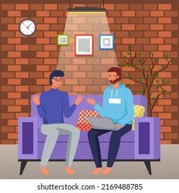 People sit on couch and communicate. Colleagues spend time together during work or rest. Characters discussing in cafe or workplace. Working meeting, communication, dialogue, conversation concept