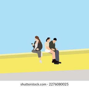 People sit on the edge of bridge using cellphones near river. Young friends enjoying a day at the lake spending great time with together.