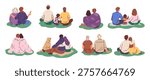 People sit on grass back view. Couples in love and families with children, characters wrapped in blankets, hugging picnic, people resting hugging together garish vector cartoon flat style isolated set