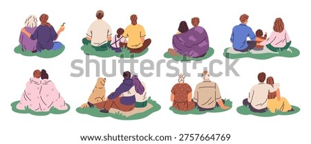People sit on grass back view. Couples in love and families with children, characters wrapped in blankets, hugging picnic, people resting hugging together garish vector cartoon flat style isolated set