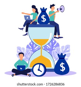 People sit on an hourglass and work on their laptop business process icons and infographics in the background. Business concepts, productivity and time management. Flat vector.