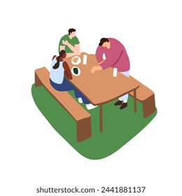 People sit on picnic table, eating street food, drink beverages in summer. Friends meeting outdoors, communicate. Family spends time together at nature. Flat isolated vector illustration on white