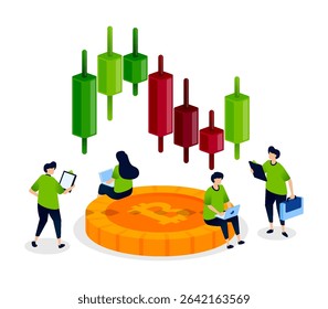 People sit on piles of coins and analyze candlestick charts in the crypto market, watching for up and down trends in trading and financial forecasting
