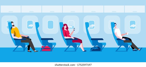 La gente se sienta en el avión. Ilustración vectorial en estilo plano. Viajar en avión durante una pandemia.