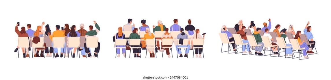 People sit on row of chairs back view set. Crowd is on seats in business conference. Audience of seminar rises hands to ask. Concert spectators. Flat isolated vector illustration on white background