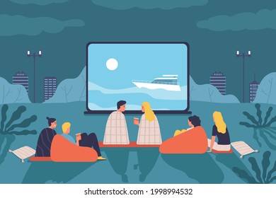 People sit on soft blankets and watch movies in an open air cinema flat vector illustration