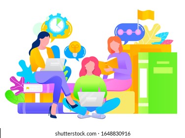 People sit on stacks of textbooks in classroom. Ladies read and study using laptops and hardcover books. Students preparing for college or university. Vector illustration of electronic library in flat