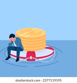 people sit pensively on a swimming buoy with coins on it, a metaphor for financial aid. Simple flat conceptual illustration.