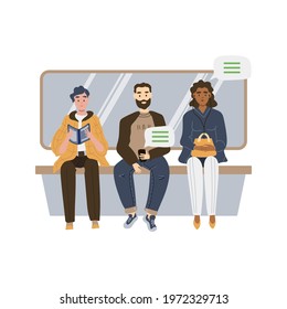 People sit in public transport and read. Guy and paper book. A man with an e-book. Girl with an audiobook. Metro. Vector stock illustration White background. Detailed flat style Relaxation The pastime