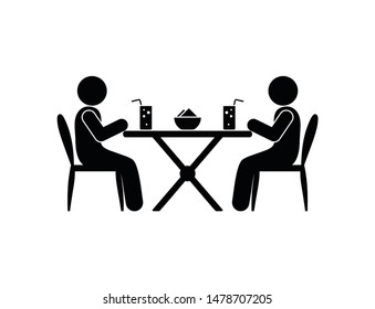 people sit in a restaurant, have lunch, sticks figure human silhouettes, cafe illustration, drinks on the table, man icon