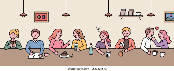 People sit side by side at a long table in a cafe. flat design style minimal vector illustration.