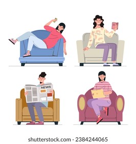 People sit at sofa set. Women with newspaper and smartphone at armchairs. Comfort and coziness indoor. Characters rest and relax. Cartoon flat vector collection isolated on white background