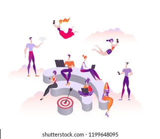 People sit and stand on the 3d podium in the form of wi-fi. Public free wifi hotspot zone. Modern flat vector illustration isolated on white background