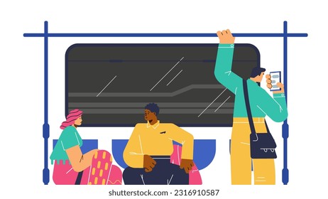 People sit in the subway train. Woman and black man talk, guy holds a handle and looks in smartphone. Vector illustration poster in flat doodle half body style on white background.