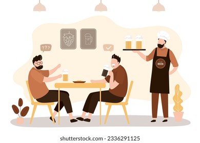 People sit at table in bar or restaurant and drink draft beer. Waiter holds tray with beer mugs. Cafe or pub interior. People drink alcoholic beverages. Waiter in uniform. Craft beer party. vector
