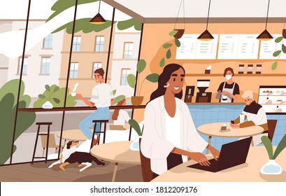 La gente se sienta en las mesas y bebe bebidas en el café de la ciudad. Trabajador independiente trabajando en una laptop. Escena de la distancia social en la moderna cafetería. Dibujo de dibujos animados de vector plano de la cafetería interior acogedor