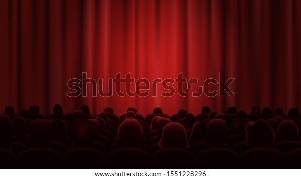 People sit in theatrical chairs and\
wait for the start of the performance. The stage is closed by a red\
curtain, illuminated by a searchlight. Vector\
illustration