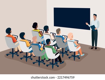 People sit with their backs in chairs and take notes at a conference, training or lecture. View from the back to the business of people of different nationalities. Vector illustration.