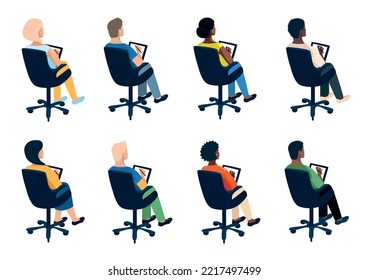 People sit with their backs in chairs and take notes at a conference, training or lecture. View from the back to the business of people of different nationalities. Set vector illustration.