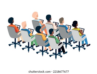 People sit with their backs in chairs and take notes at a conference, training or lecture. View from the back to the business of people of different nationalities. Vector illustration.