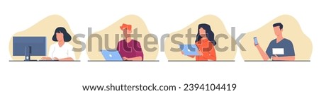 People sit at their computers, laptops, tablets, and smartphones. Young male and female characters using gadgets for working and studying. Online communication. Cartoon flat vector set