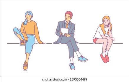 People sit in various poses. hand drawn style vector design illustrations. 
