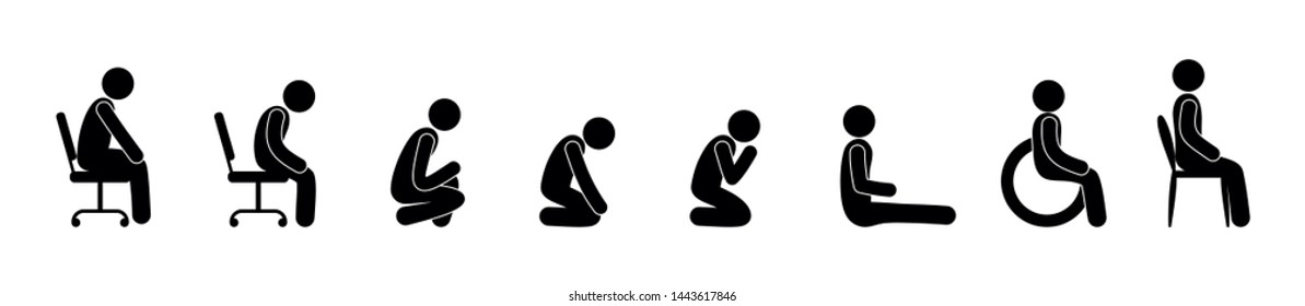 people sit in various poses. stick figure man icon or pictogram human silhouettes set.