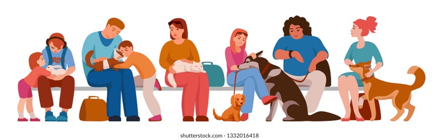 people sit in a veterinary clinic with their Pets. patients expect to receive a veterinarian.