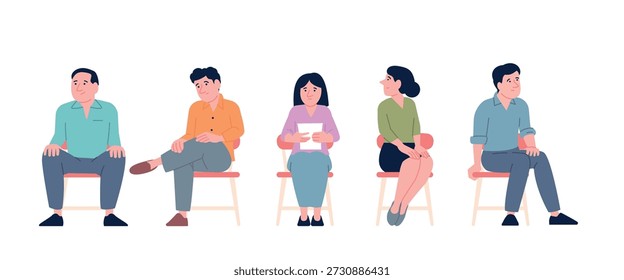 People sit in waiting line. Sitting queue on job interview, to doctor or social worker, administration or tax center. Men women nervous in wait, recent vector characters