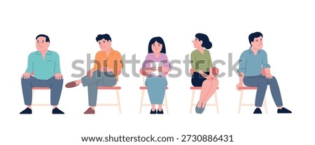 People sit in waiting line. Sitting queue on job interview, to doctor or social worker, administration or tax center. Men women nervous in wait, recent vector characters