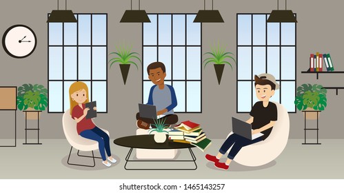 People sit  work at the computer. Vector illustration in cartoon style