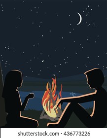 people sitting about fire at wilderness - romantic vector illustration with silhouettes