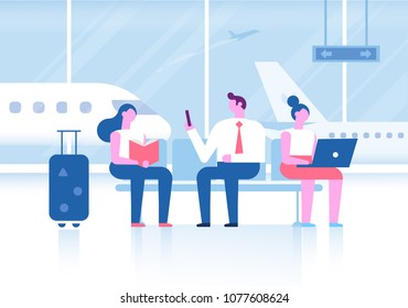 People sitting in airport terminal. Infographics elements. Business travel concept. Flat vector illustration.