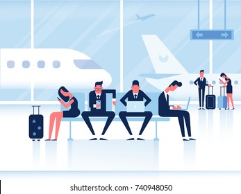 People sitting in airport terminal. Infographics elements. Business travel concept. Flat vector illustration.