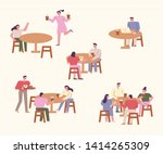 People sitting around a circular table and talking. flat design style minimal vector illustration