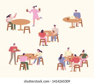 People sitting around a circular table and talking. flat design style minimal vector illustration