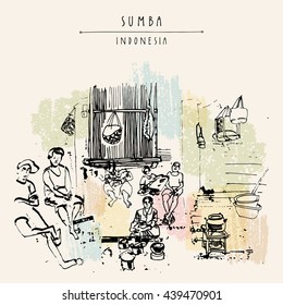 People sitting around the fireplace inside a tradional bamboo house in Sumba, Indonesia, Asia. Travel sketch. Hand-drawn vintage book illustration, greeting card, postcard or poster template in vector