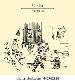 People sitting around the fireplace inside a tradional bamboo house in Sumba, Indonesia, Asia. Travel sketch. Hand-drawn vintage book illustration, greeting card, postcard or poster template in vector