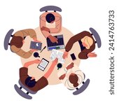 People sitting around round table top view. Employees work together, planning. Office meeting, teamwork on the desk. Students discuss project, communicate. Flat isolated vector illustration on white