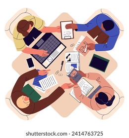 People sitting around square table top view. Student team study together. Characters learning books, prepare to exams on the desk. Workers meeting, teamwork. Flat isolated vector illustration on white