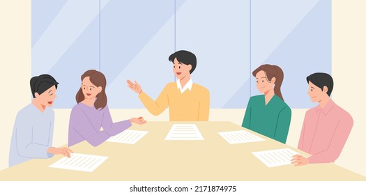 People sitting around the table are discussing opinions. flat design style vector illustration.