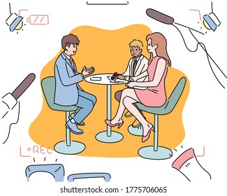 People are sitting around the table and doing TV discussions. Broadcasting equipment surrounds them. hand drawn style vector design illustrations. 