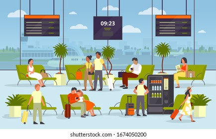 People sitting with the bagagge in the airport waiting room. Idea of travel and journey. Building interior. Passenger wait for departure. Vector illustration in cartoon style