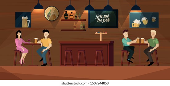 People are sitting in a bar and drinking beer. Vector cartoon illustration of friends spending their time in a pub. 