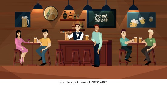 People are sitting in a bar and drinking beer. Vector cartoon illustration of friends spending their time in a pub. 