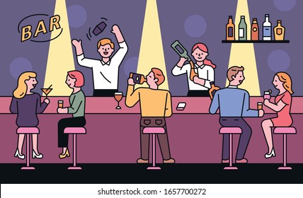 People sitting at the bar table and enjoying a drink. Bartenders are making cocktails. Inside view of the pub. flat design style minimal vector illustration.