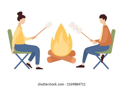 People sitting bonfire and roast marshmallow on fire. Couple on campfire in forest. Summer night. Campfire with woodpile. Vector flat illustration 