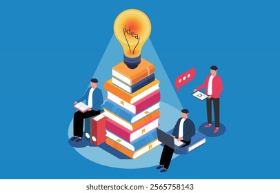 people sitting with books and reading and learning under the illumination of isometric light bulbs